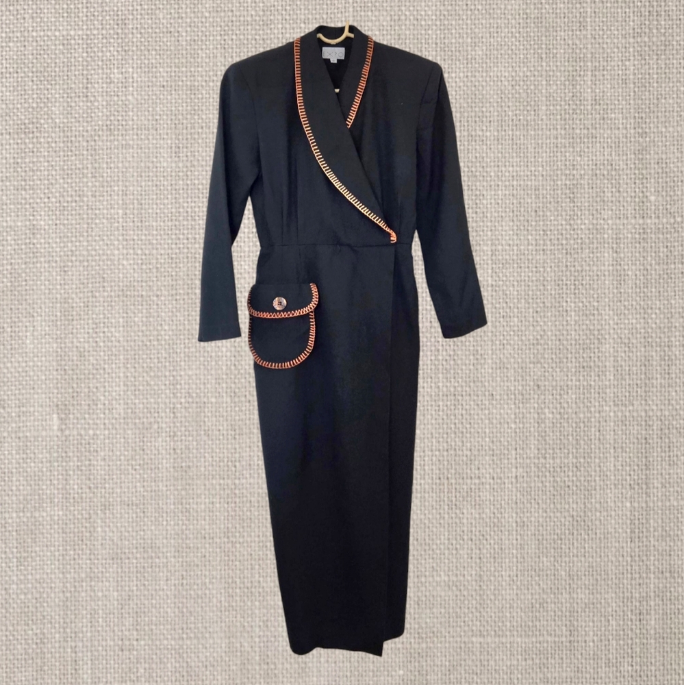 Vintage Black Wrap Maxi Dress 80s New Old Stock Elegant Glamour Witchy Sz 6 - Picture 2 of 12